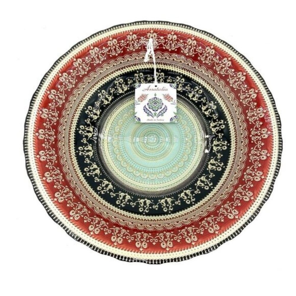 Turkish Glass Bowl Serving Dinner Red Blue Gold Oriental Lace 15.5” NWT XL Red